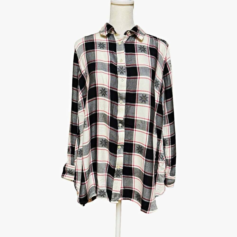 Talbots Women’s Large Holiday Plaid Snowflake Button Down Shirt Black Red White
